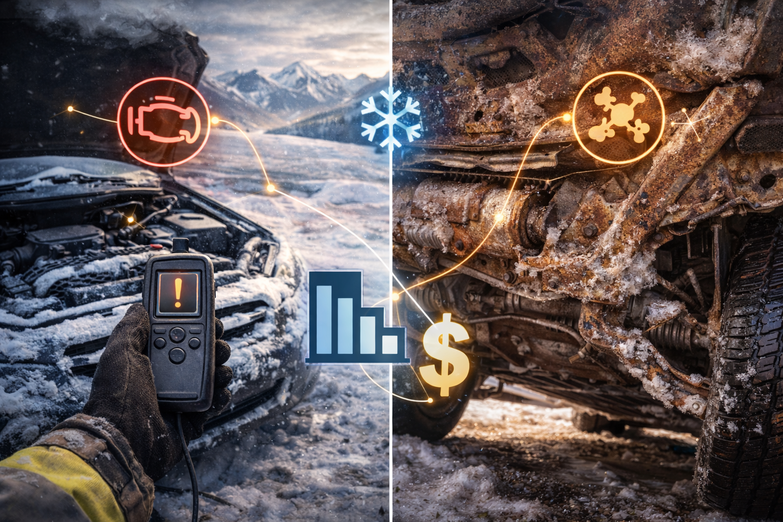 A person uses a diagnostic tool on a car in snow. Left: engine error. Right: rust and costs.