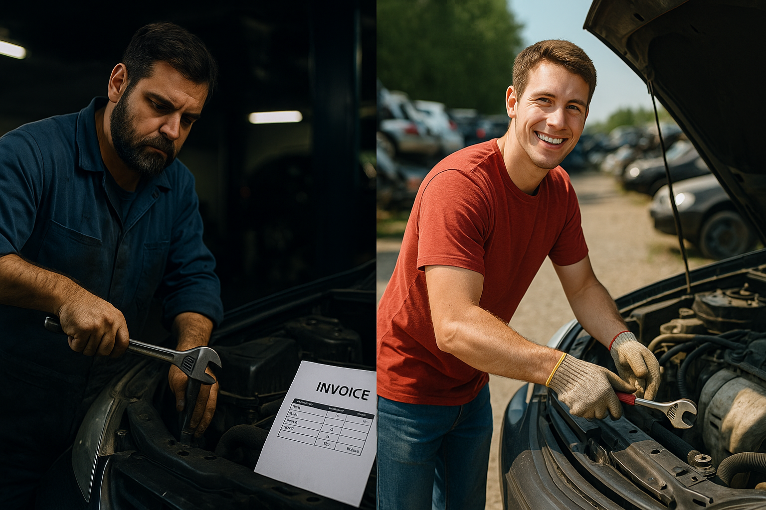 Mechanics working on cars: One in a garage, the other outdoors. Both are using wrenches.