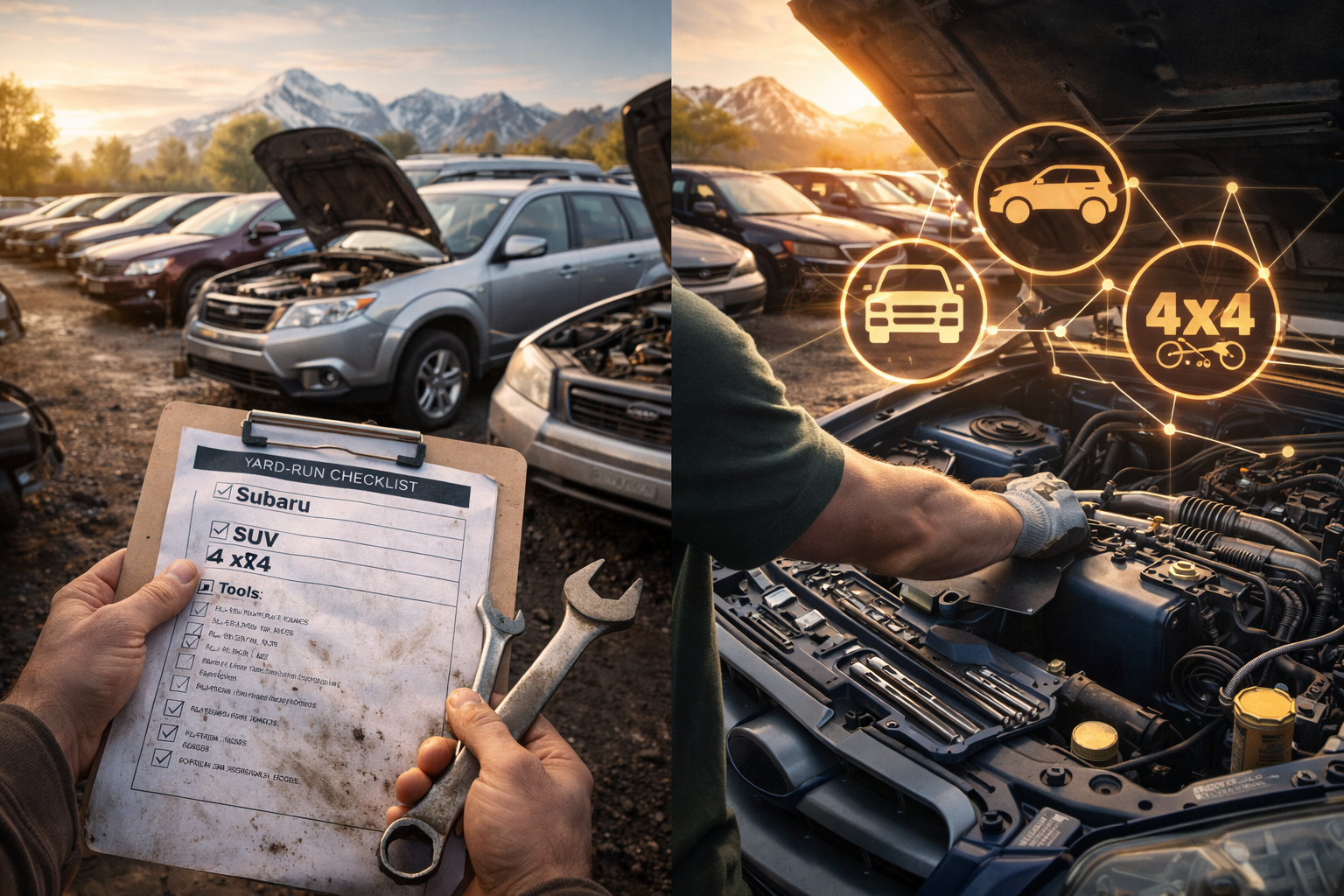 Two images: mechanic inspecting car engines. Checklist and wrench in foreground, digital icons in the background.