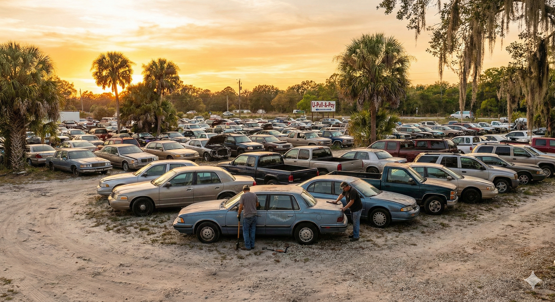 Cars parked at an outdoor market at sunset. People browse vehicles on display.