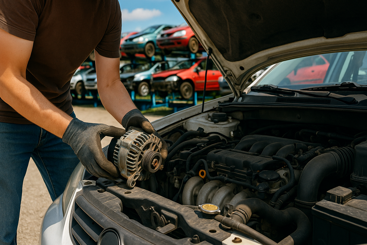Person removing alternator from a car engine, junkyard setting.