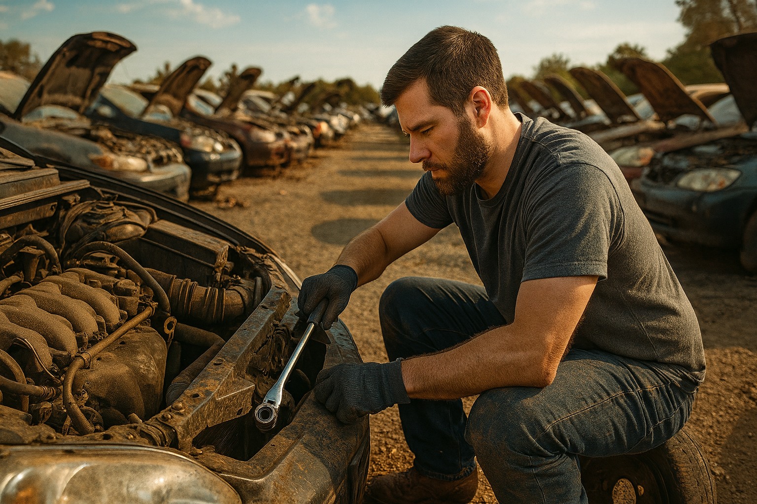 Man in junkyard working on car engine with wrench.