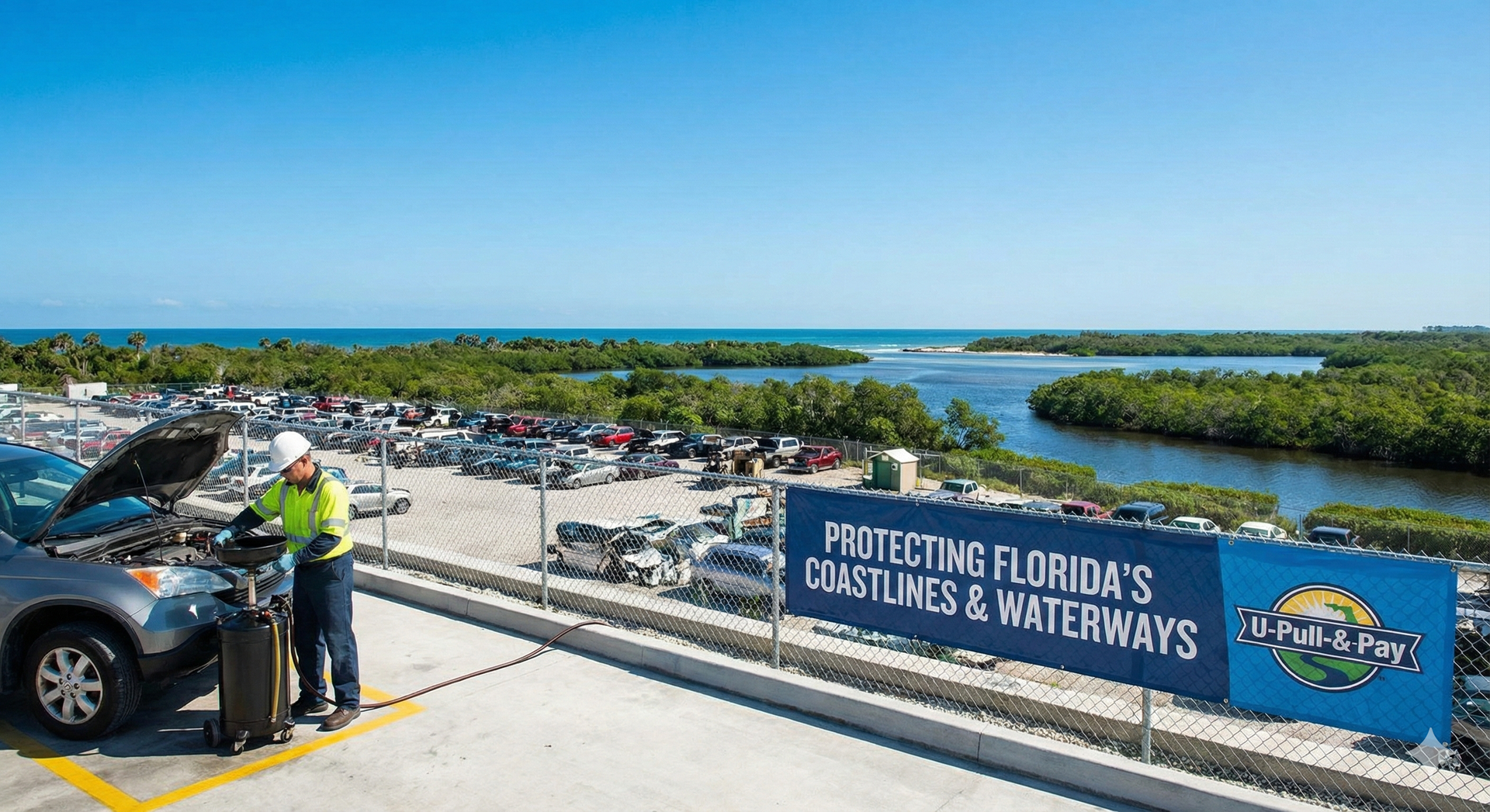 Mechanic working on car by a sign: