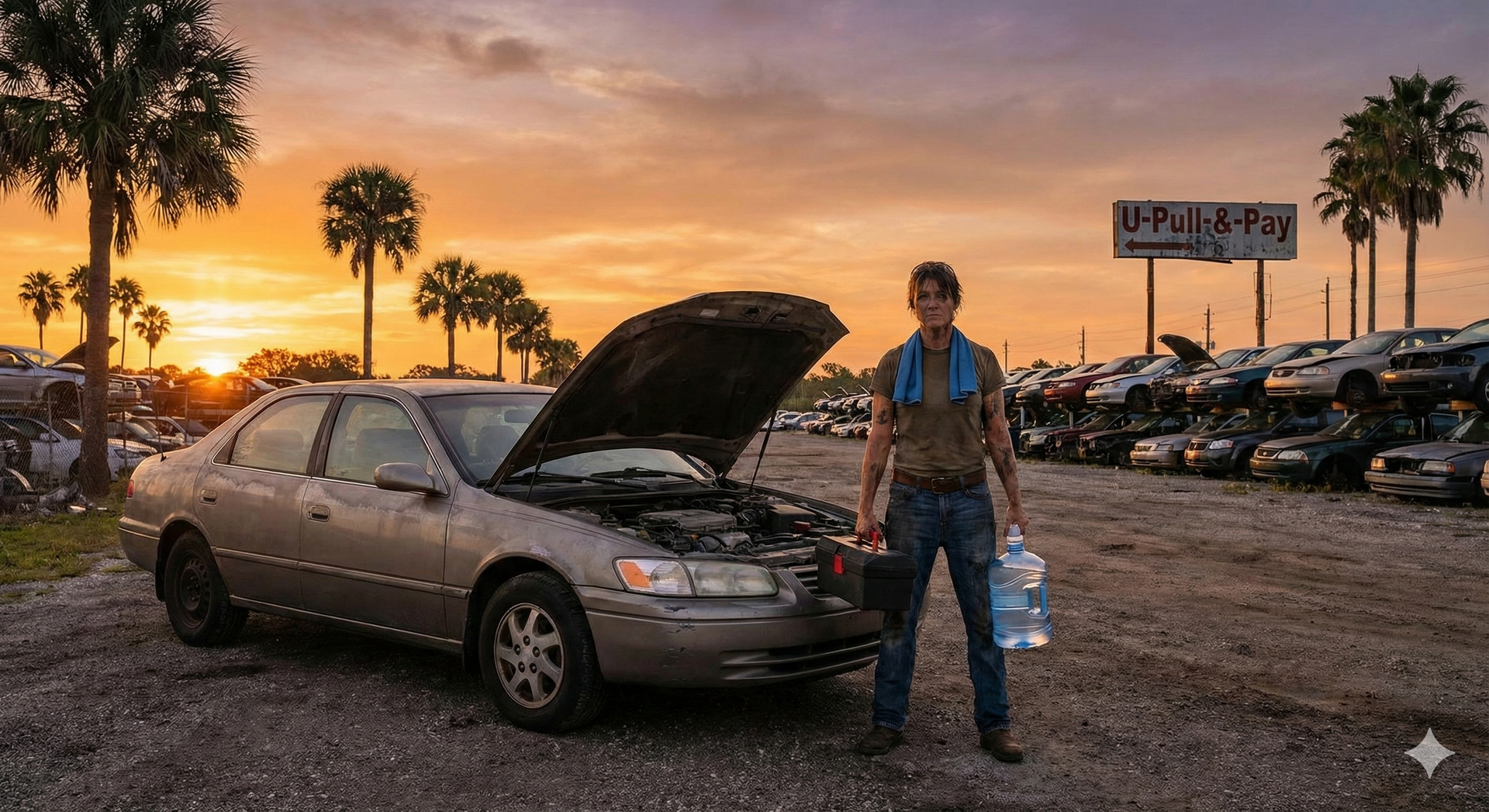 Man stands with a car in a junkyard at sunset, holding water jug and toolbox.