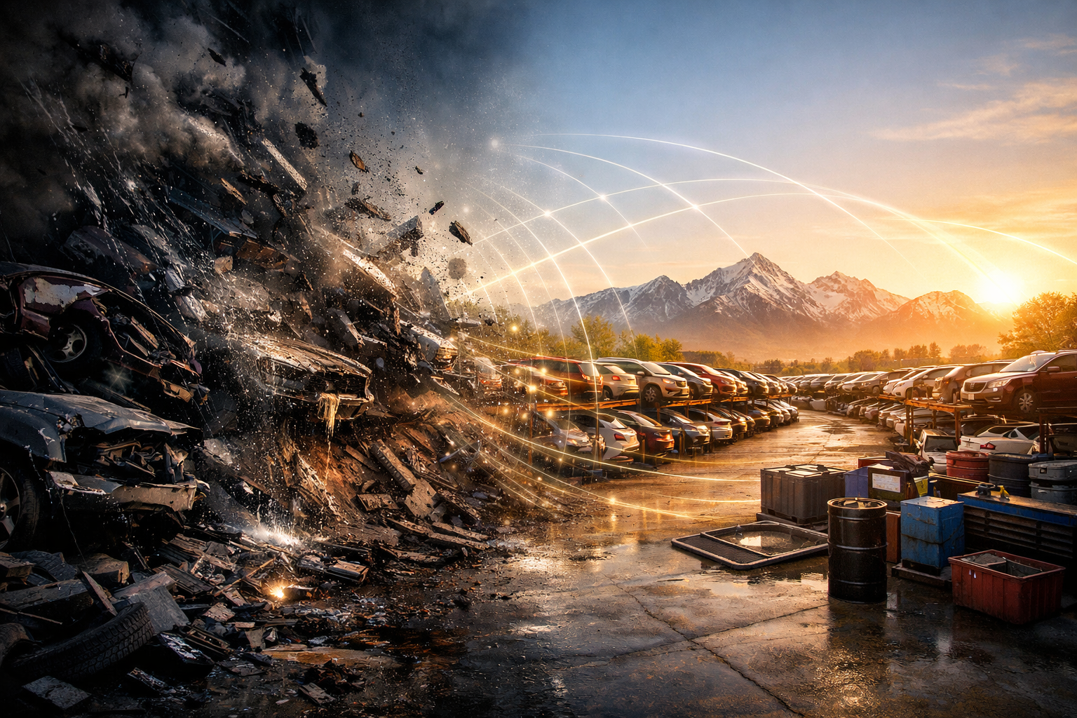 A desolate junkyard transitioning to a vibrant landscape with cars, mountains, and sunrise. Arcs of light span the scene.