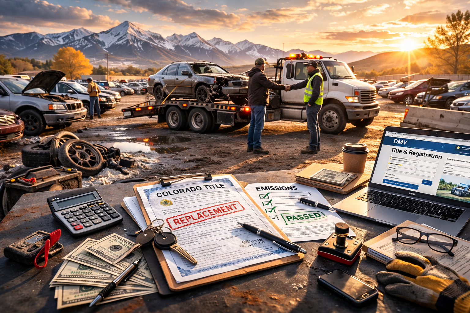 Tow truck operator shaking hands with a customer at a salvage yard, mountains in background, documents on a desk.