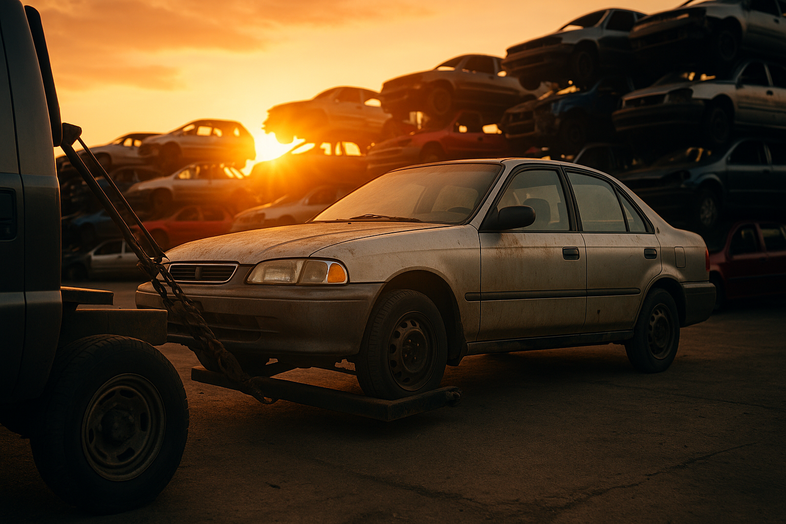 Tow truck loading a silver sedan at a junkyard at sunset.