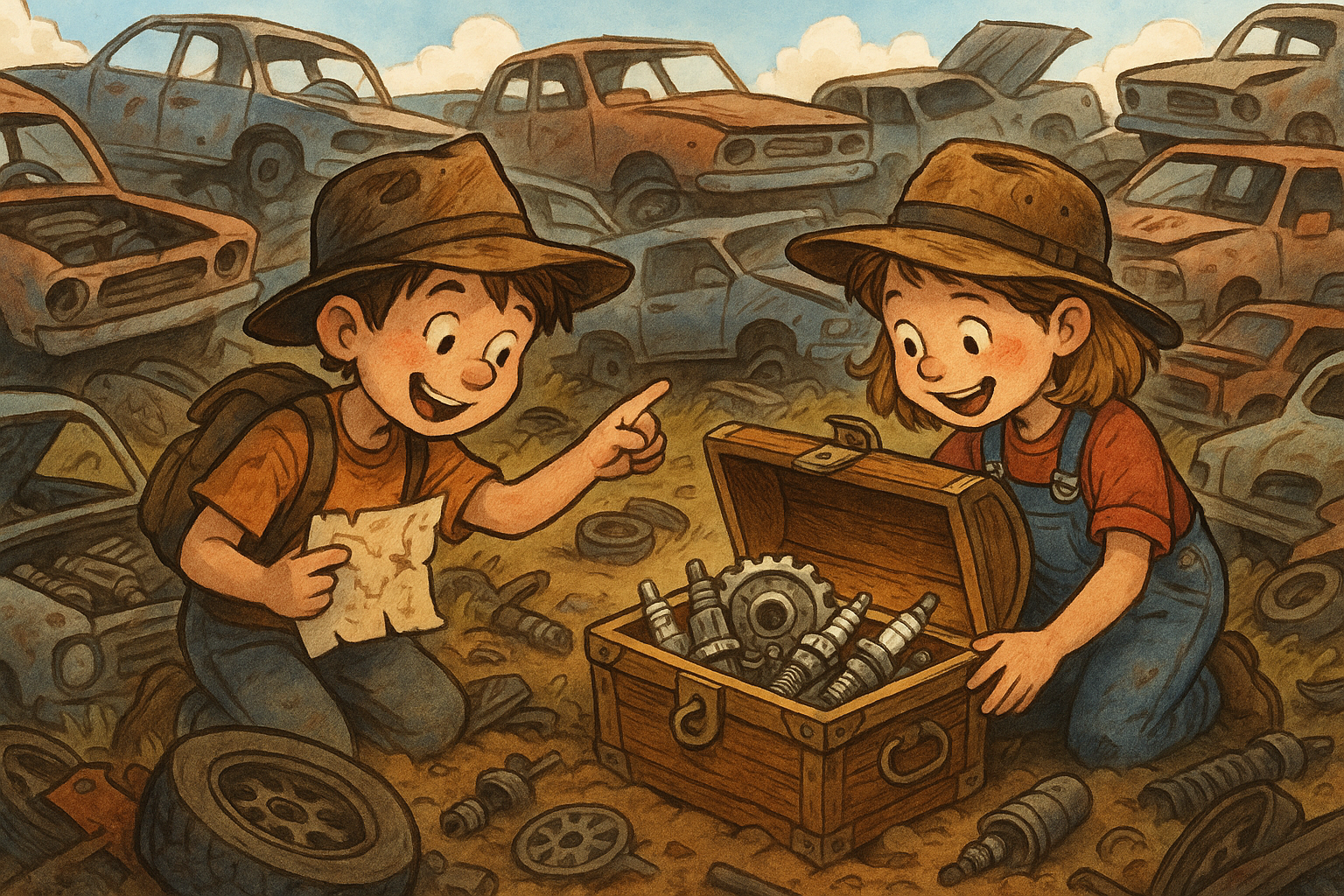 Two children find treasure chest of car parts in a junkyard, map in hand.