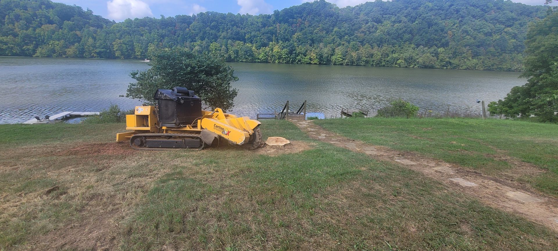 a yellow stump grinder sits in the grass near a lake