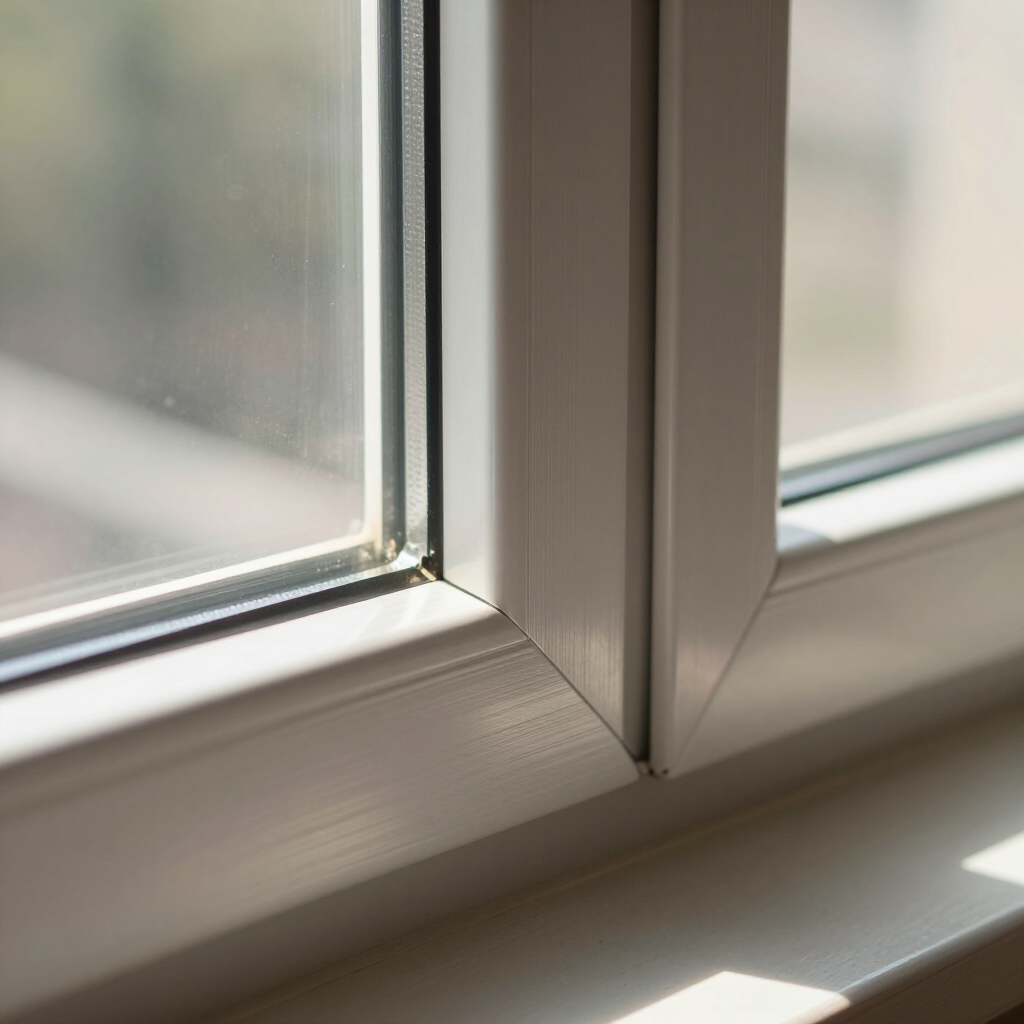 Primer plano de un marco de ventana blanco con luz solar en el alféizar y vista borrosa del exterior.