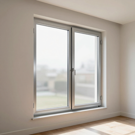 Habitación vacía con una ventana de doble cristal, paredes blancas y luz solar en el suelo.