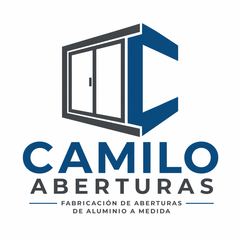 Logo de Camilo Aberturas, con ícono azul y gris de ventana y texto “fabricación de aberturas de aluminio a medida”