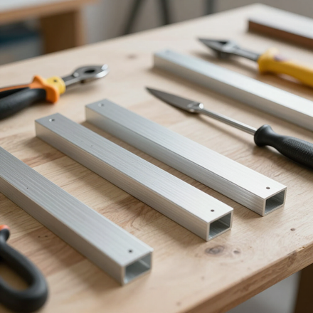 Barras de metal y herramientas manuales dispuestas sobre un banco de trabajo de madera.