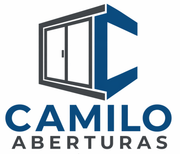 Logo de Camilo Aberturas con ícono azul y gris de una ventana y puerta corrediza.