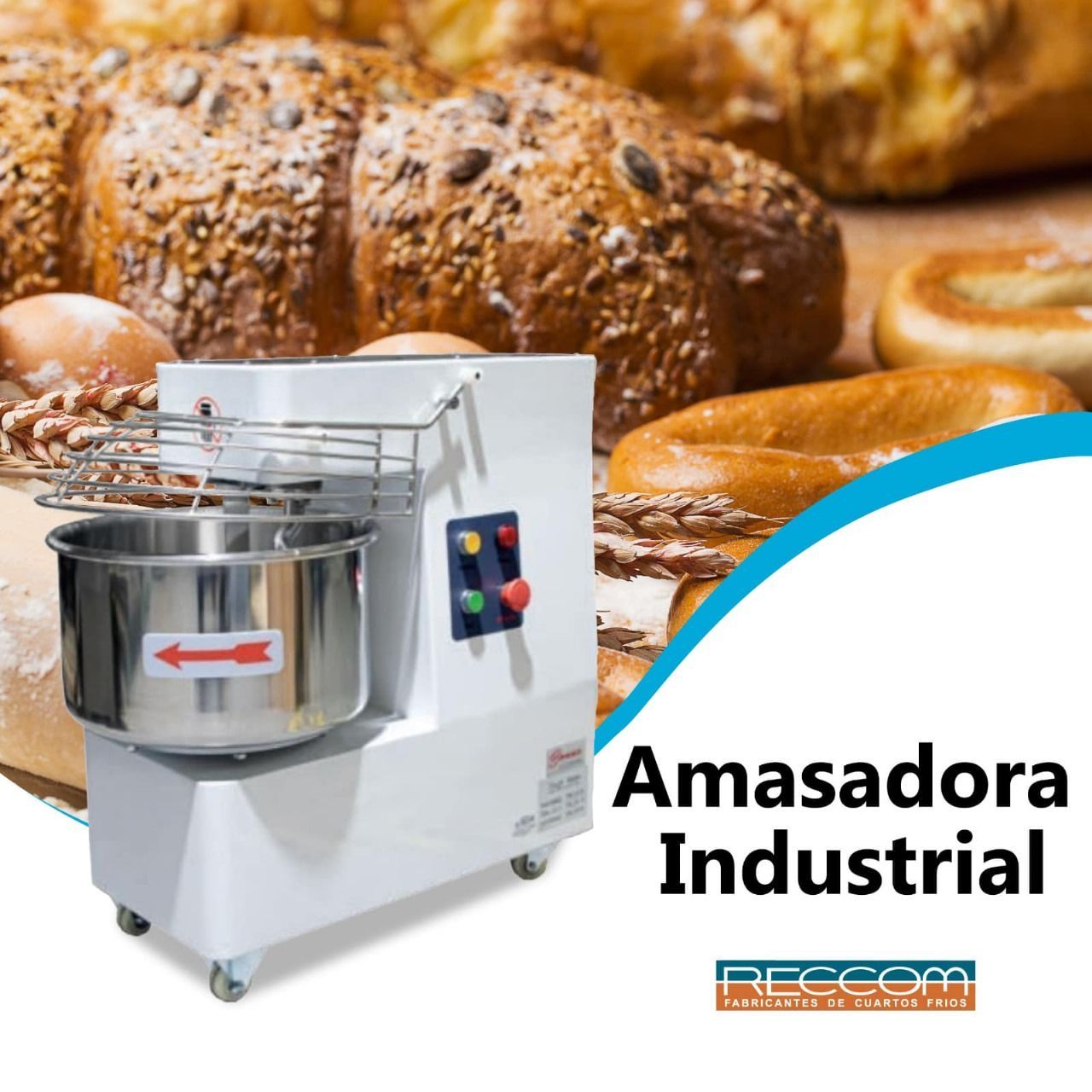 Un anuncio de una amasadora industrial con un montón de pan al fondo