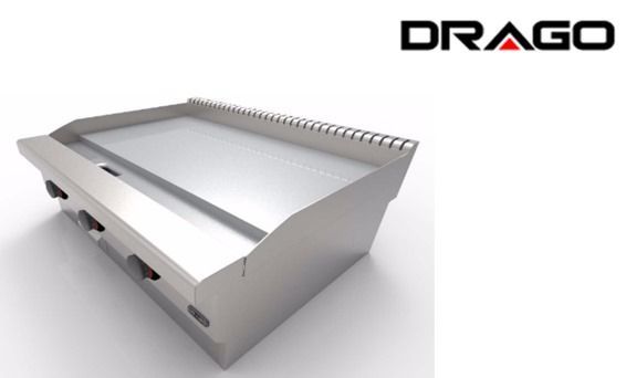 Una estufa de acero inoxidable con drago escrito en la parte inferior