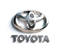 Logotipo de Toyota: emblema plateado con el nombre de la marca debajo sobre un fondo blanco.