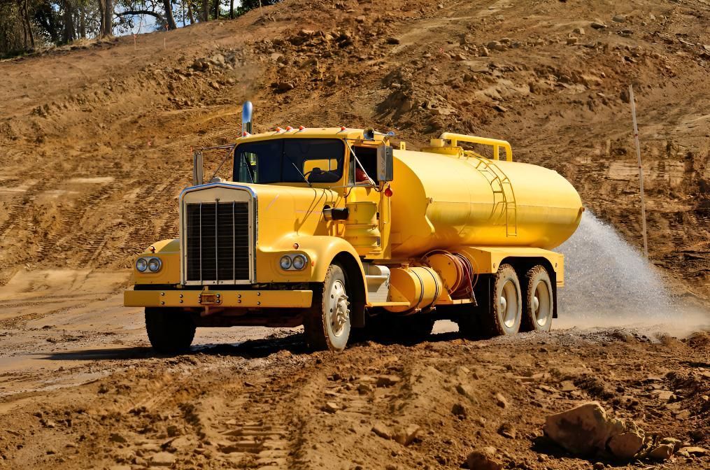 Yellow Truck is Spraying Water on a Dirt Road — Precious Drop Water in Mullumbimby, NSW