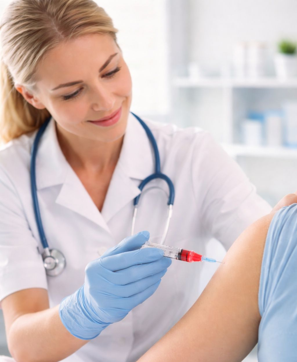 Registered  Nurse giving  energy B12 injection in the Marylebone clinic in London