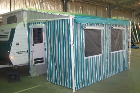 A Trailer With A Blue And White Striped Tent Attached To It — Western Tarps and Motor Trimming In Dubbo, NSW