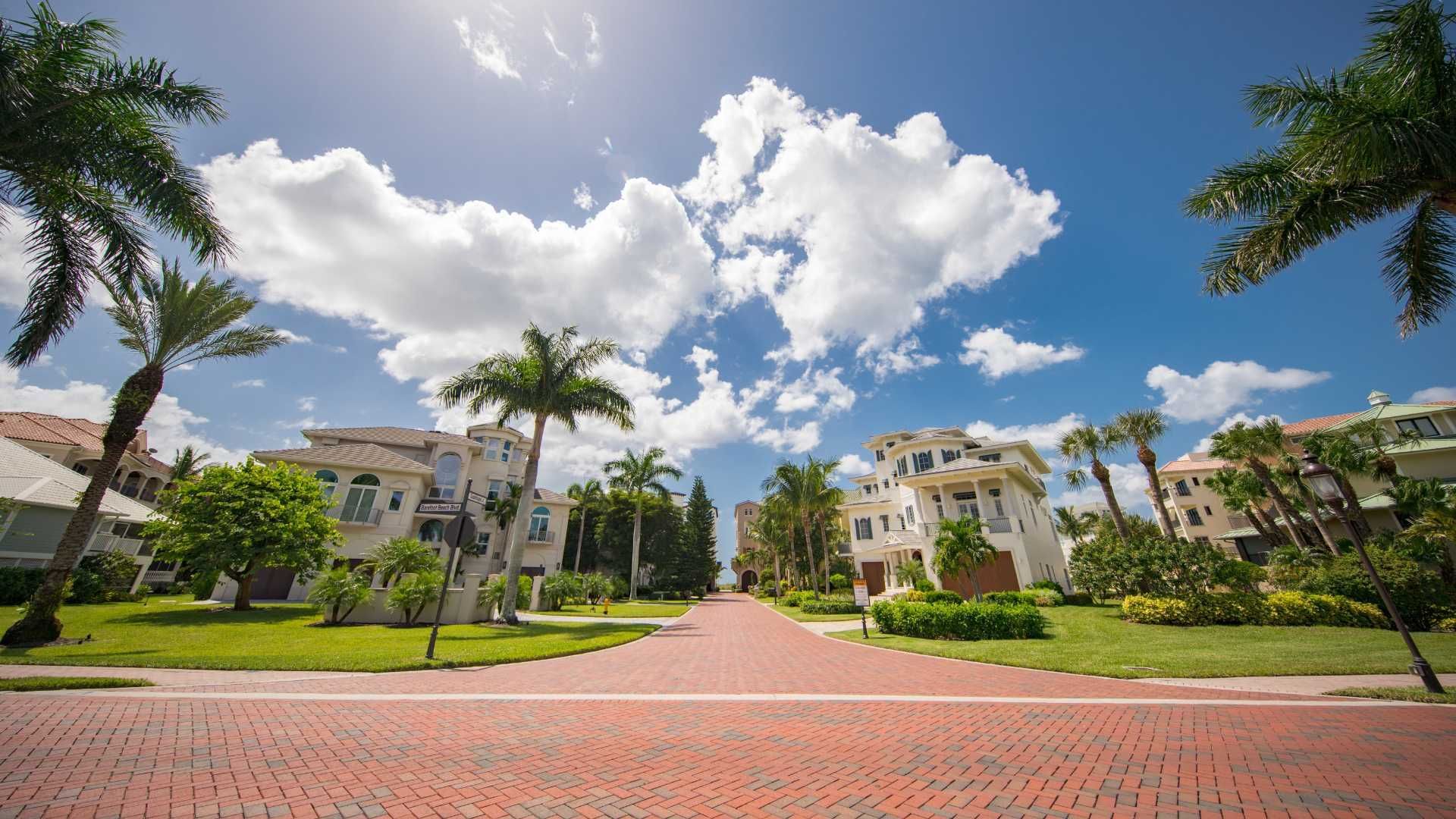Brick road leads to white houses under a blue sky with fluffy clouds and palm trees.
