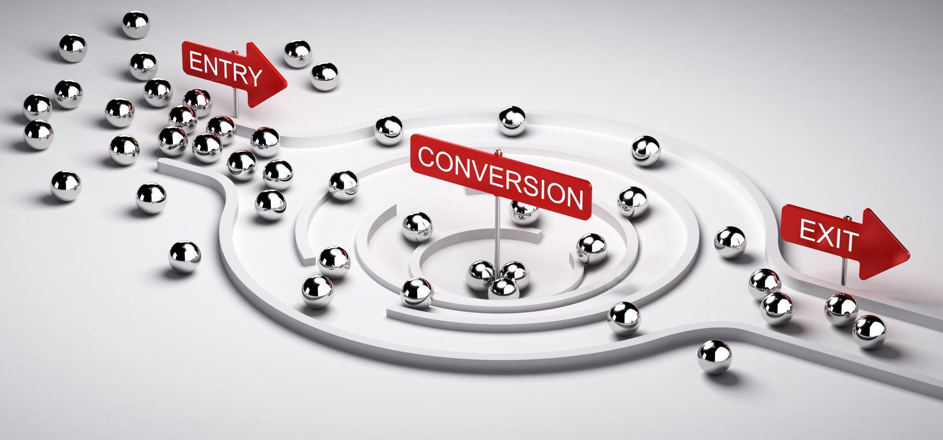 Ilustración 3d de un embudo de conversión con entrada y salida, concepto comercial o de marketing de clientes potenciales a relación de ventas