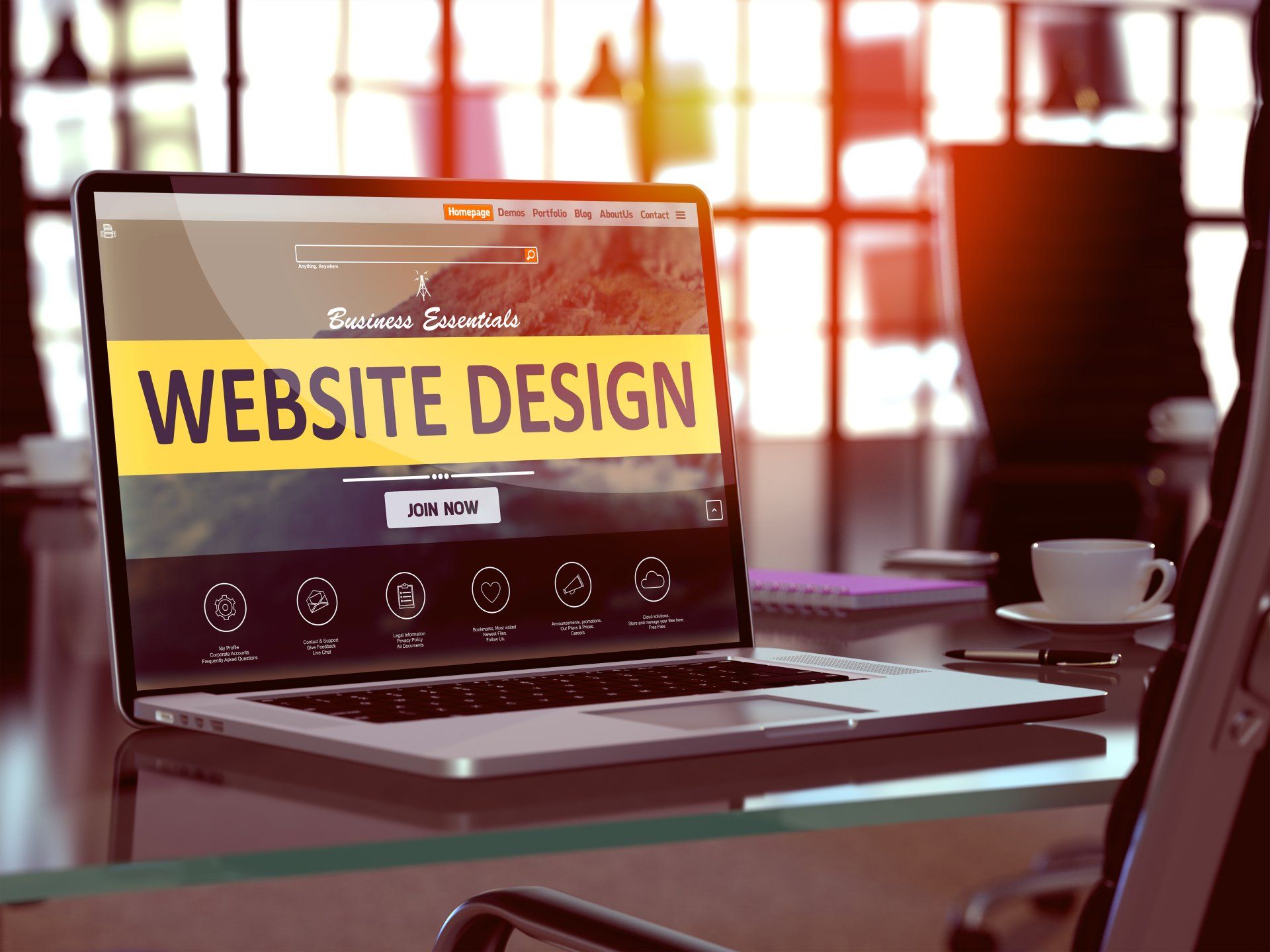 Página de inicio de primer plano del concepto de diseño de sitios web en la pantalla del portátil