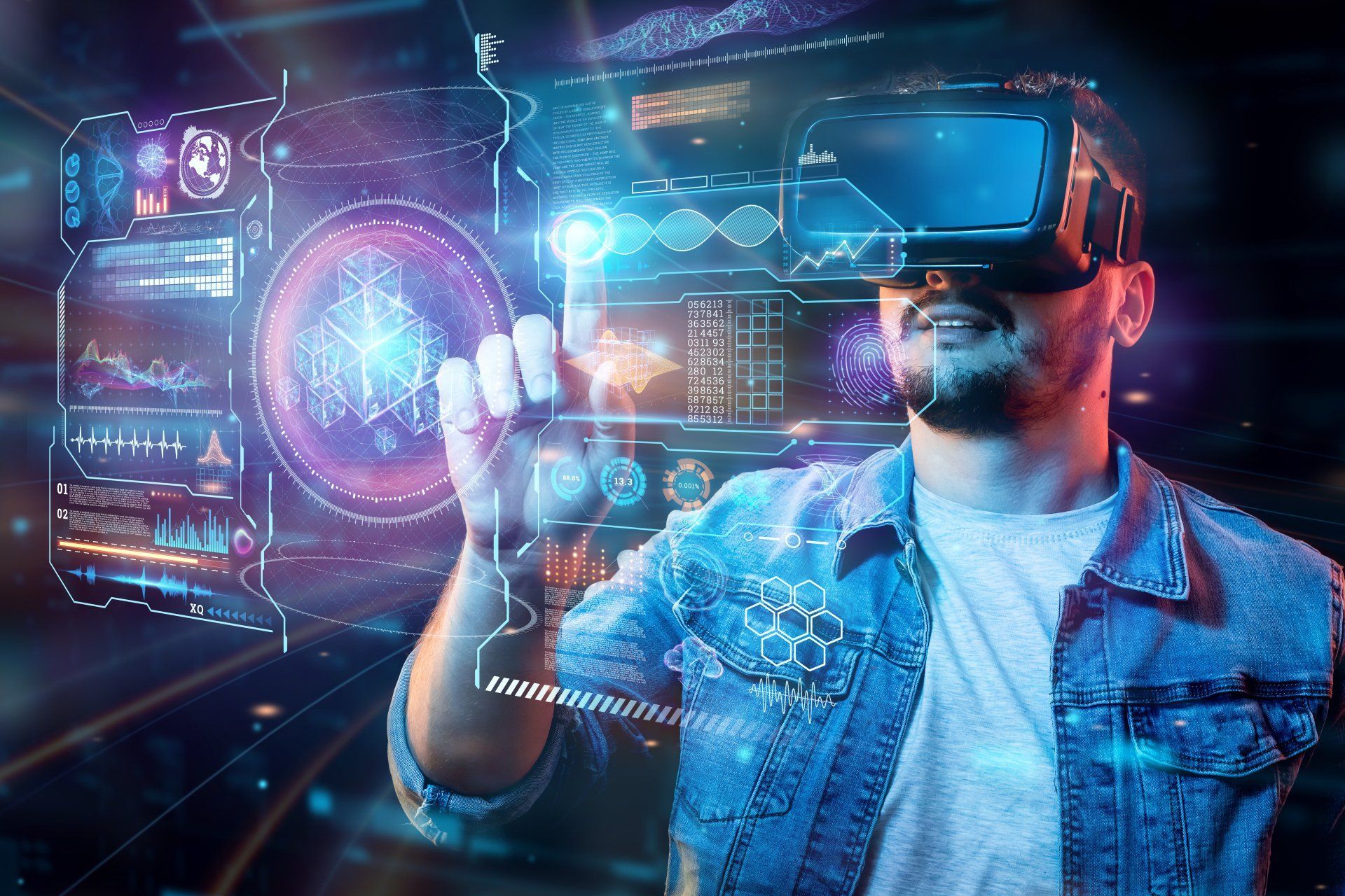 Retrato de un hombre con gafas de realidad virtual, vr, interactúa con una pantalla virtual