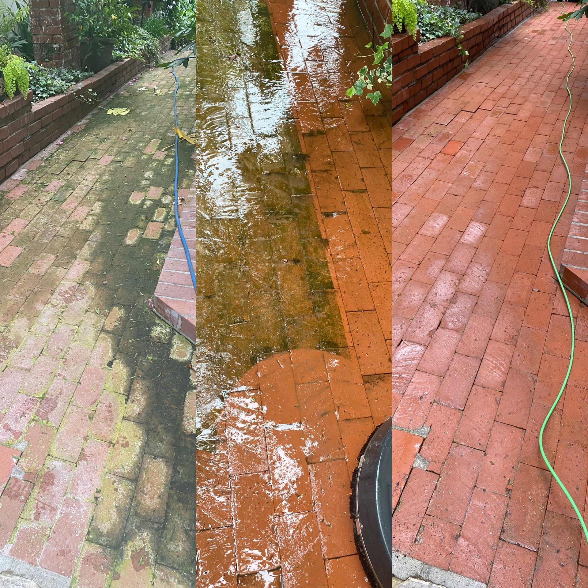 a collage of three pictures of a brick walkway before and after being cleaned