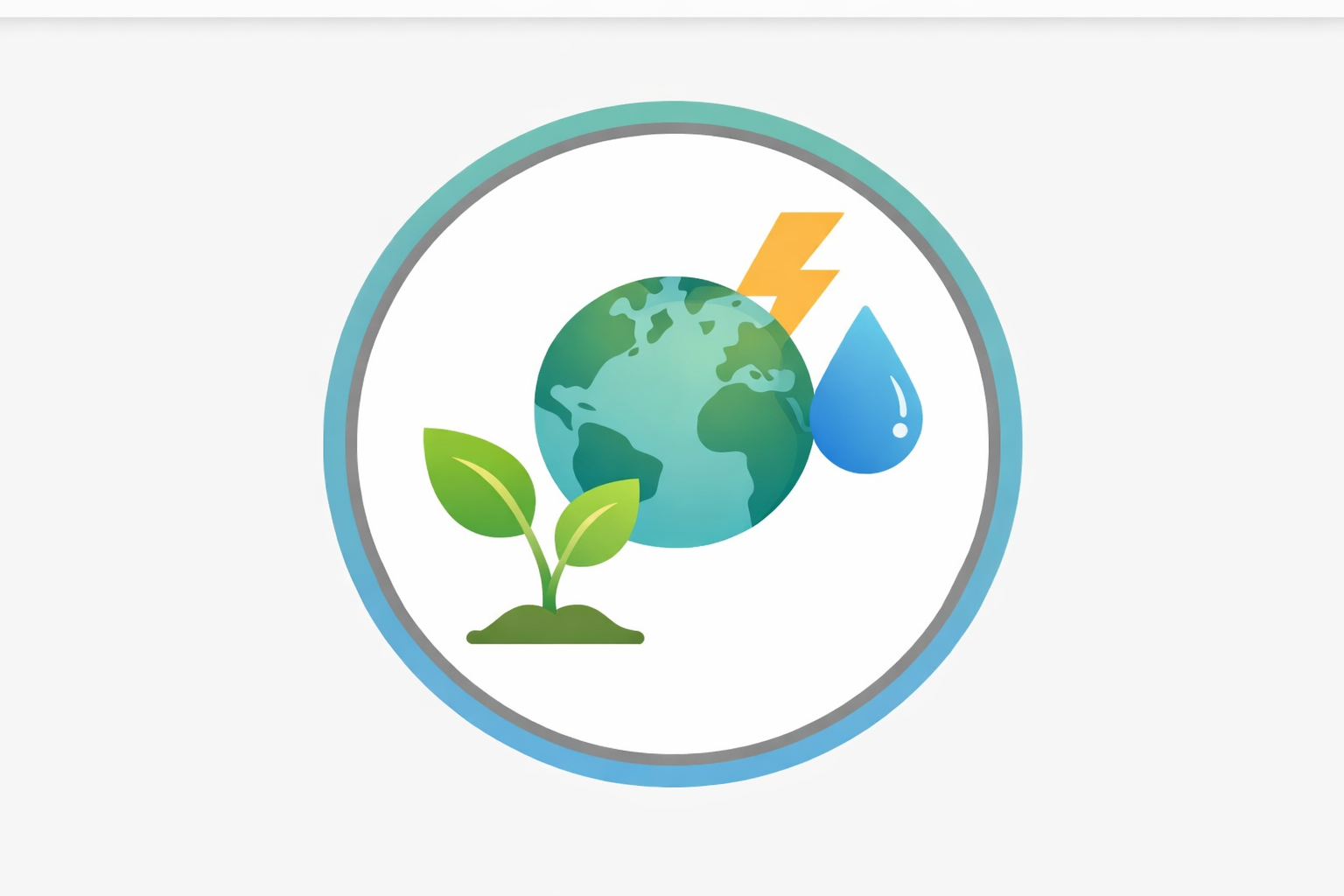 Earth with plant, lightning bolt, and water drop inside a circle, representing environmental sustainability.