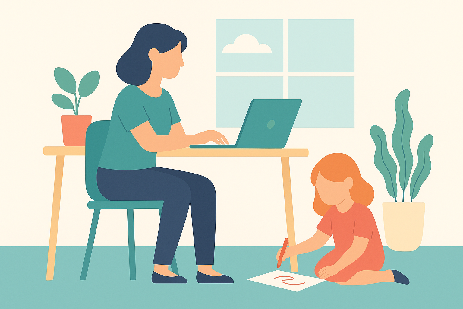 Woman working on a laptop at a desk while a child draws on the floor.
