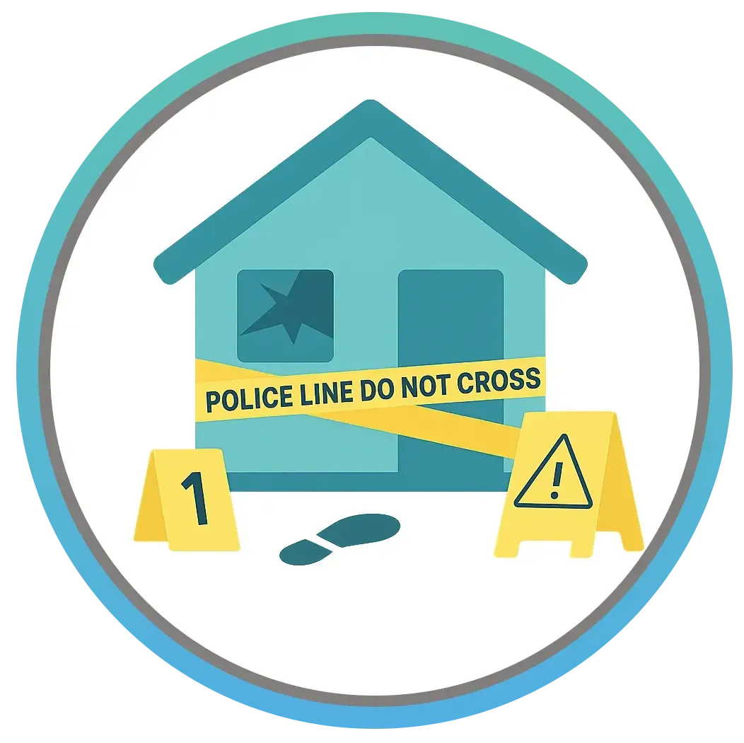 Crime scene with a house, caution tape, evidence markers, and a footprint.