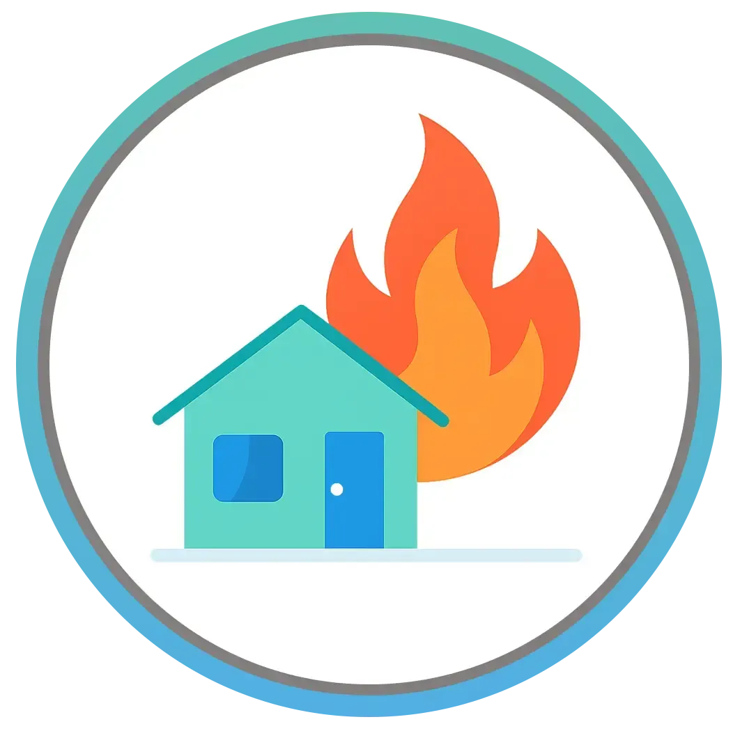 House on fire, blue house with orange flames, inside a blue and teal circle.