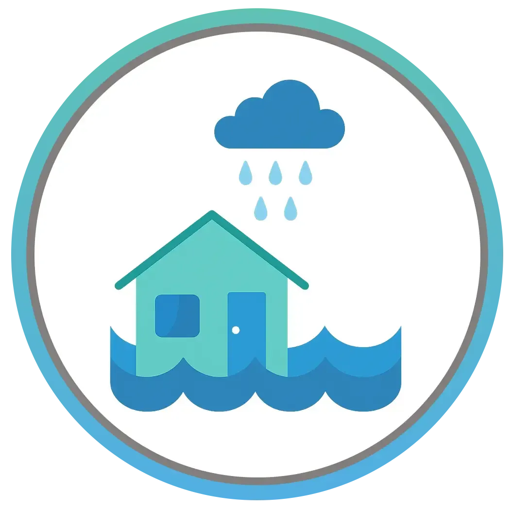 House flooded, rain falling from a cloud.