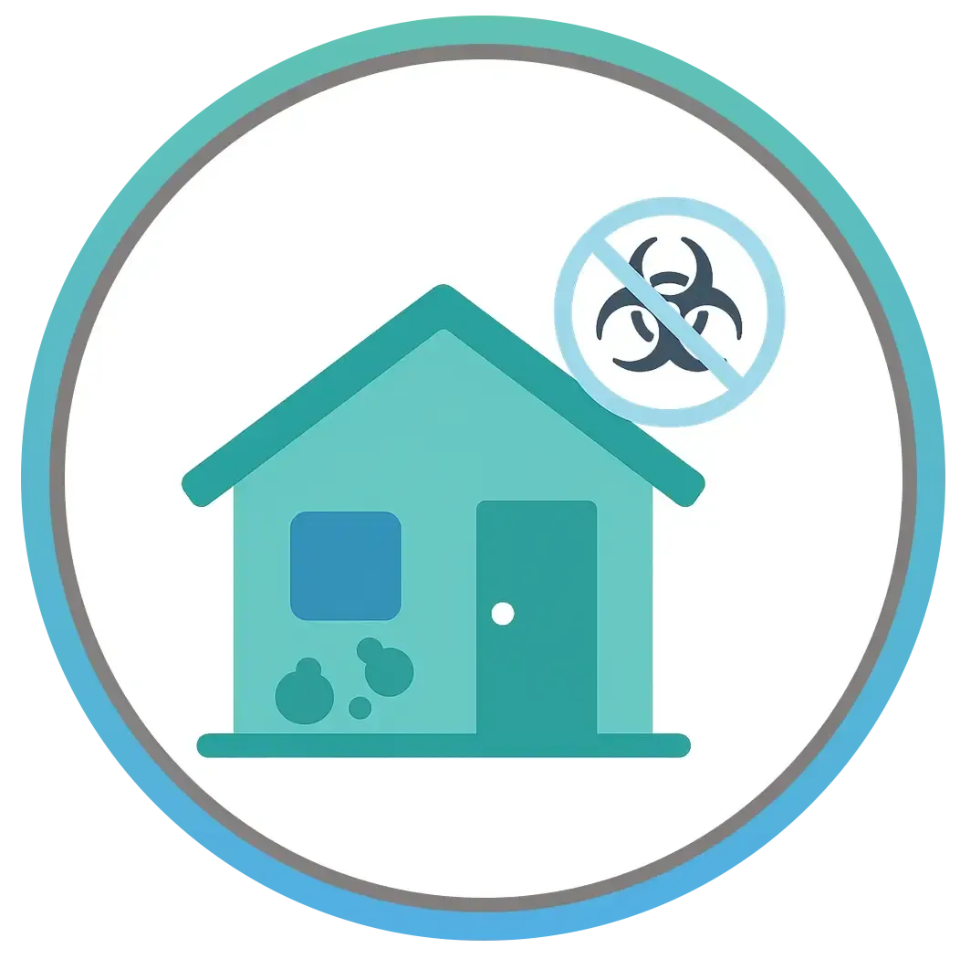 House with mold stains and biohazard symbol crossed out.