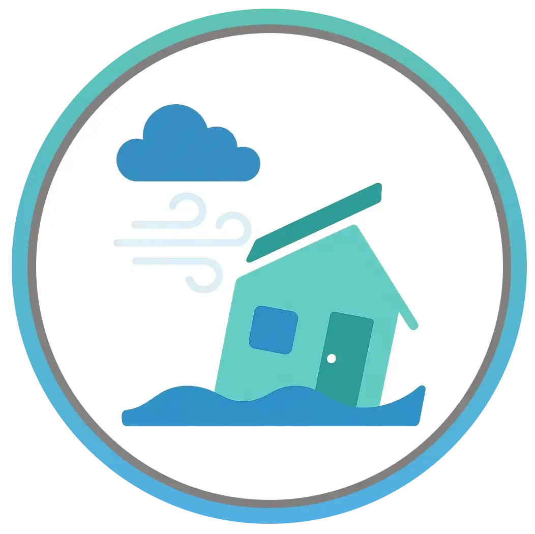 House tilting in flood with wind and cloud in a blue and teal circle.