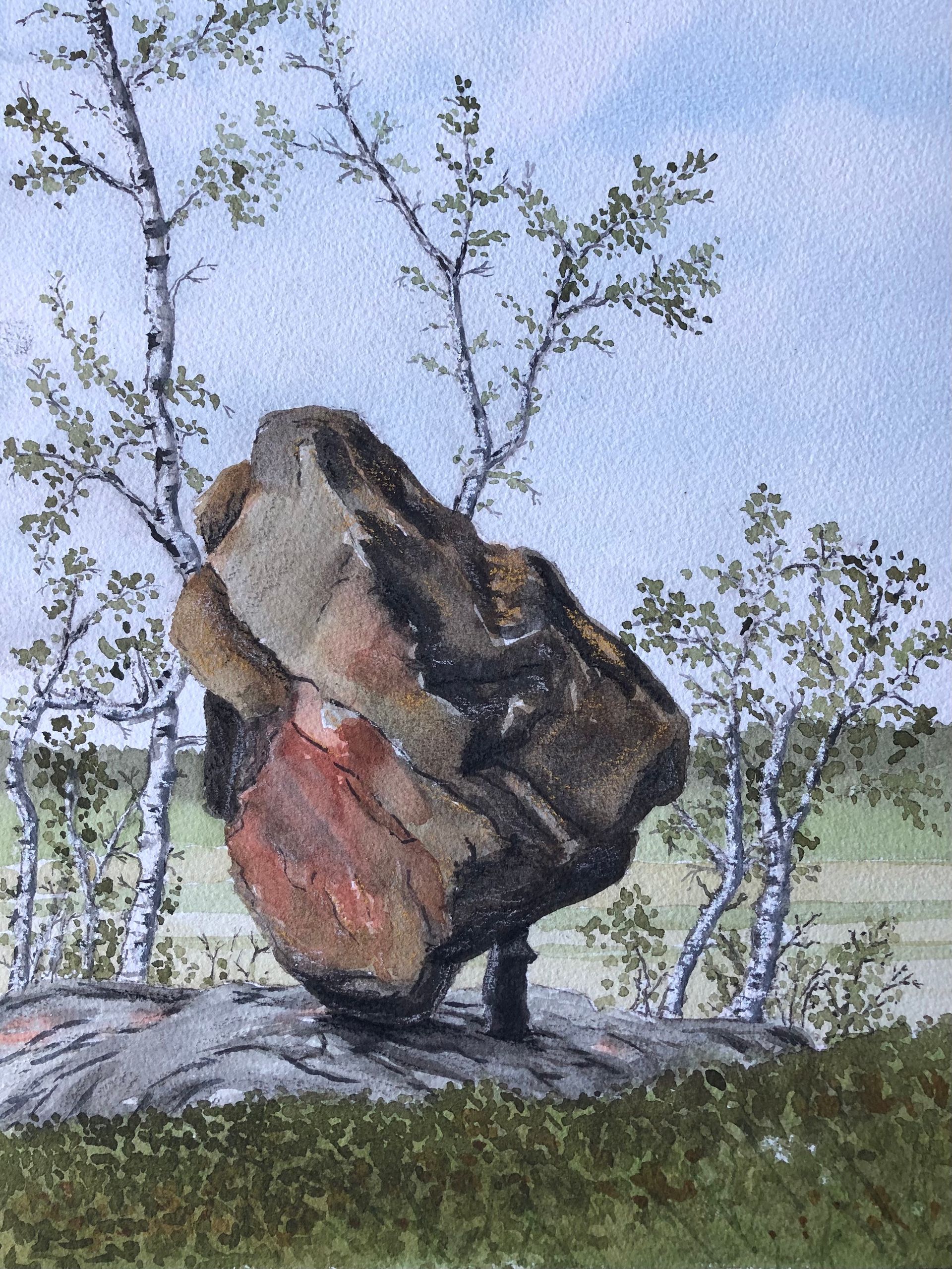 A water color painting of a rock left in spectacular position from the ice period