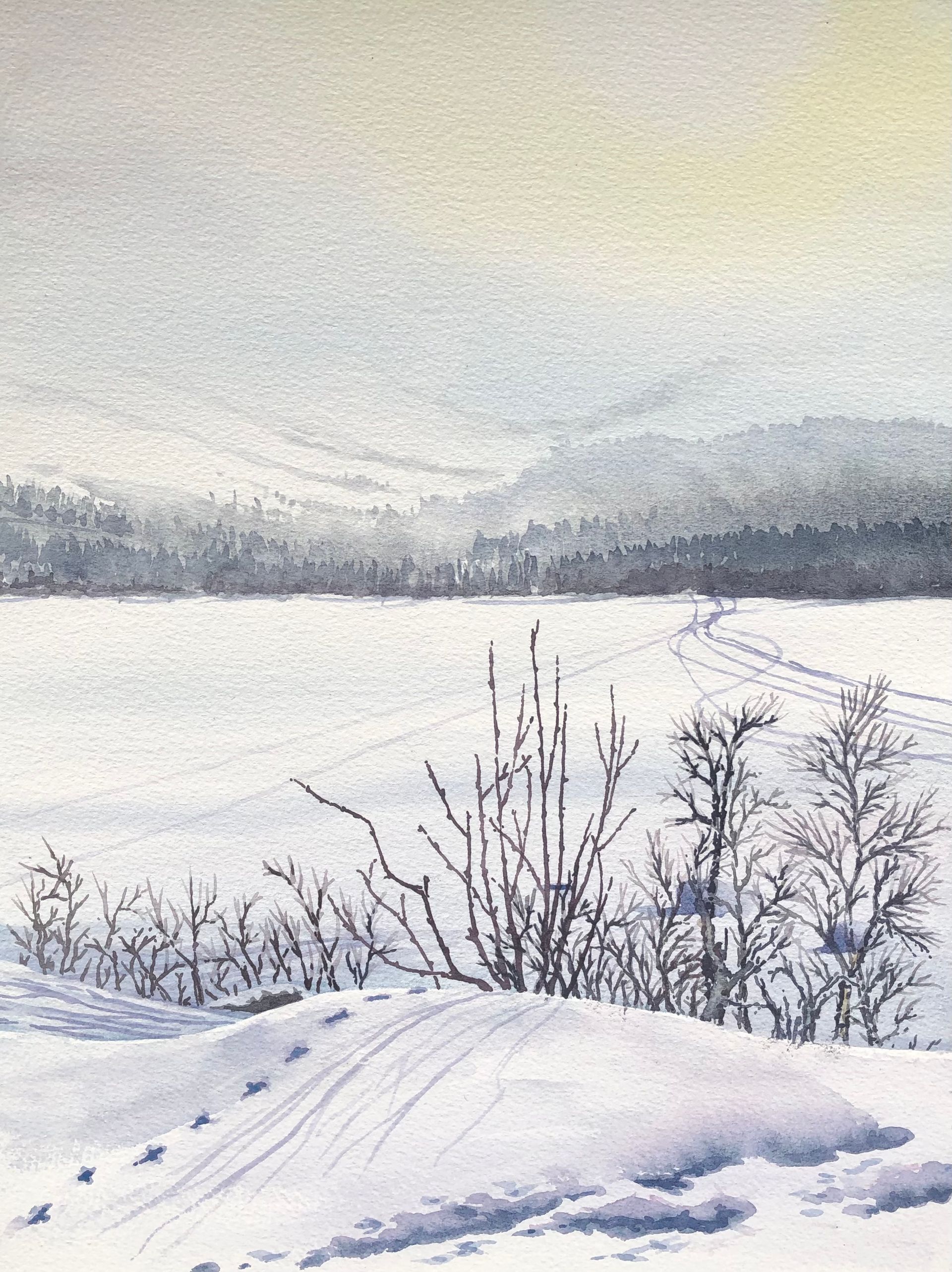 A water color painting of a snowy landscape in Swedish Lappland with the sun breaking through the early morning mist