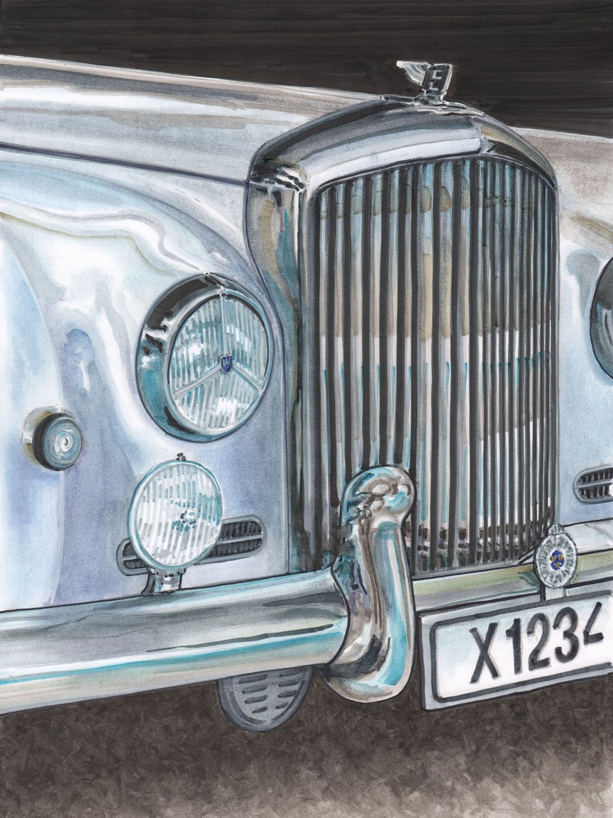 A drawing made with Winsor & Newton pigment markers of a silver color Bentley