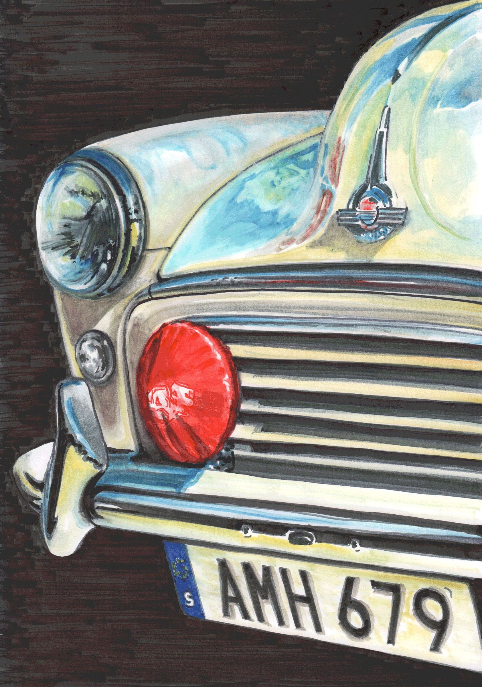 A drawing made with Winsor & Newton pigment markers of an old Austin Minor