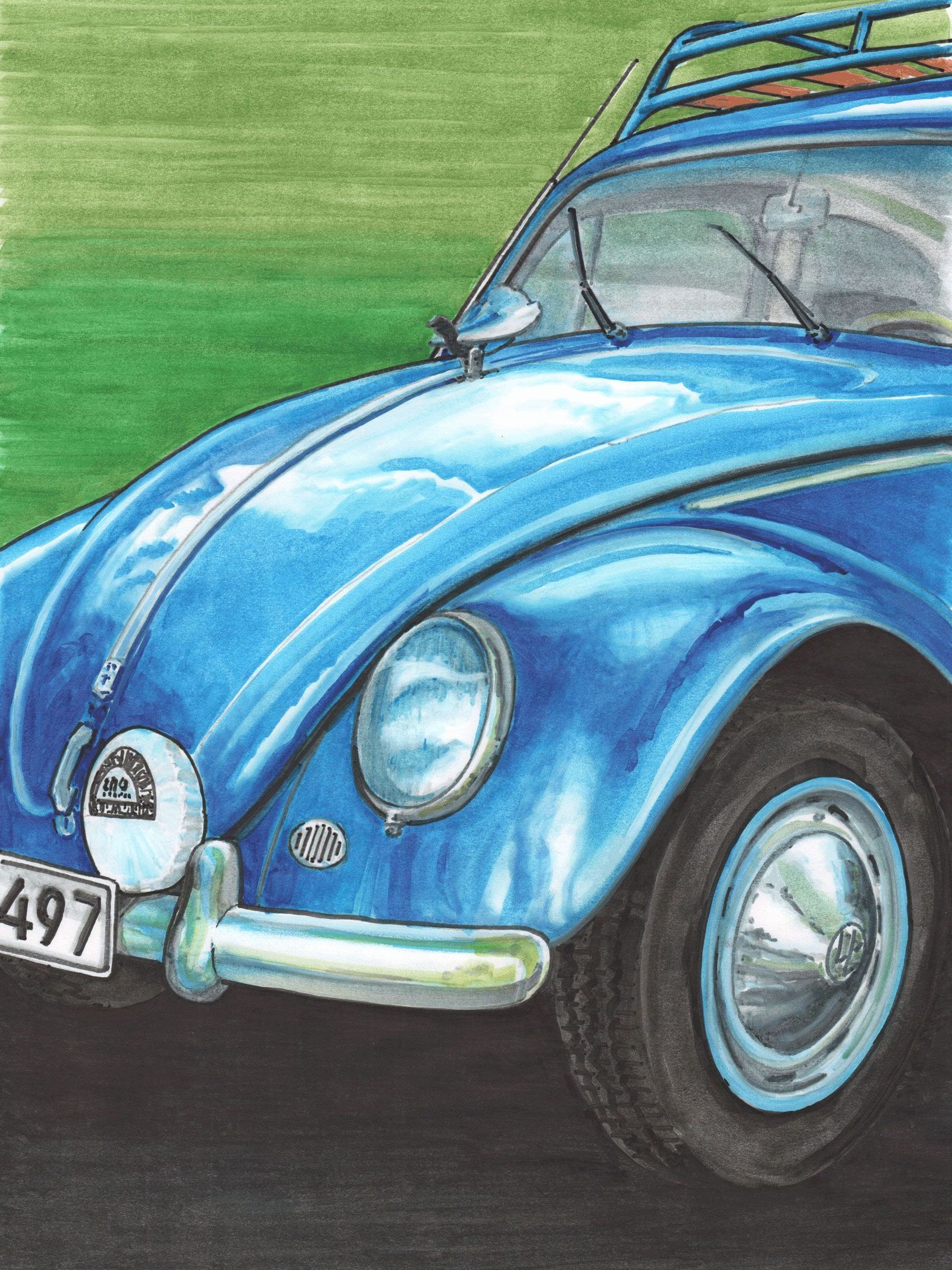 A drawing made with Winsor & Newton pigment markers of an old blue Volkswagen, VW Beatle