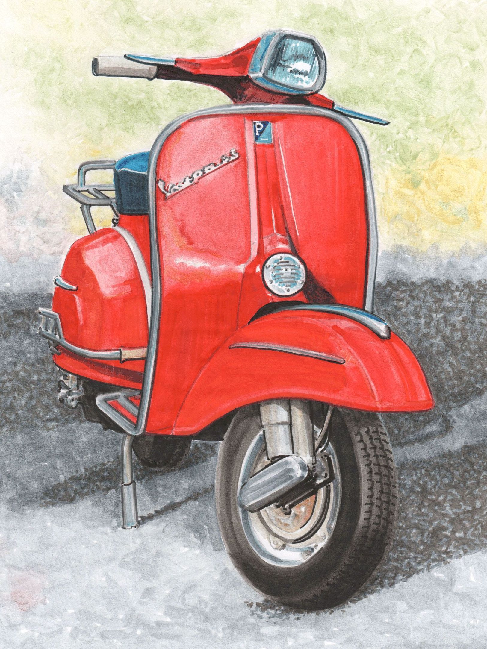 A drawing made with Winsor & Newton pigment markers of a red vespa scooter on a road