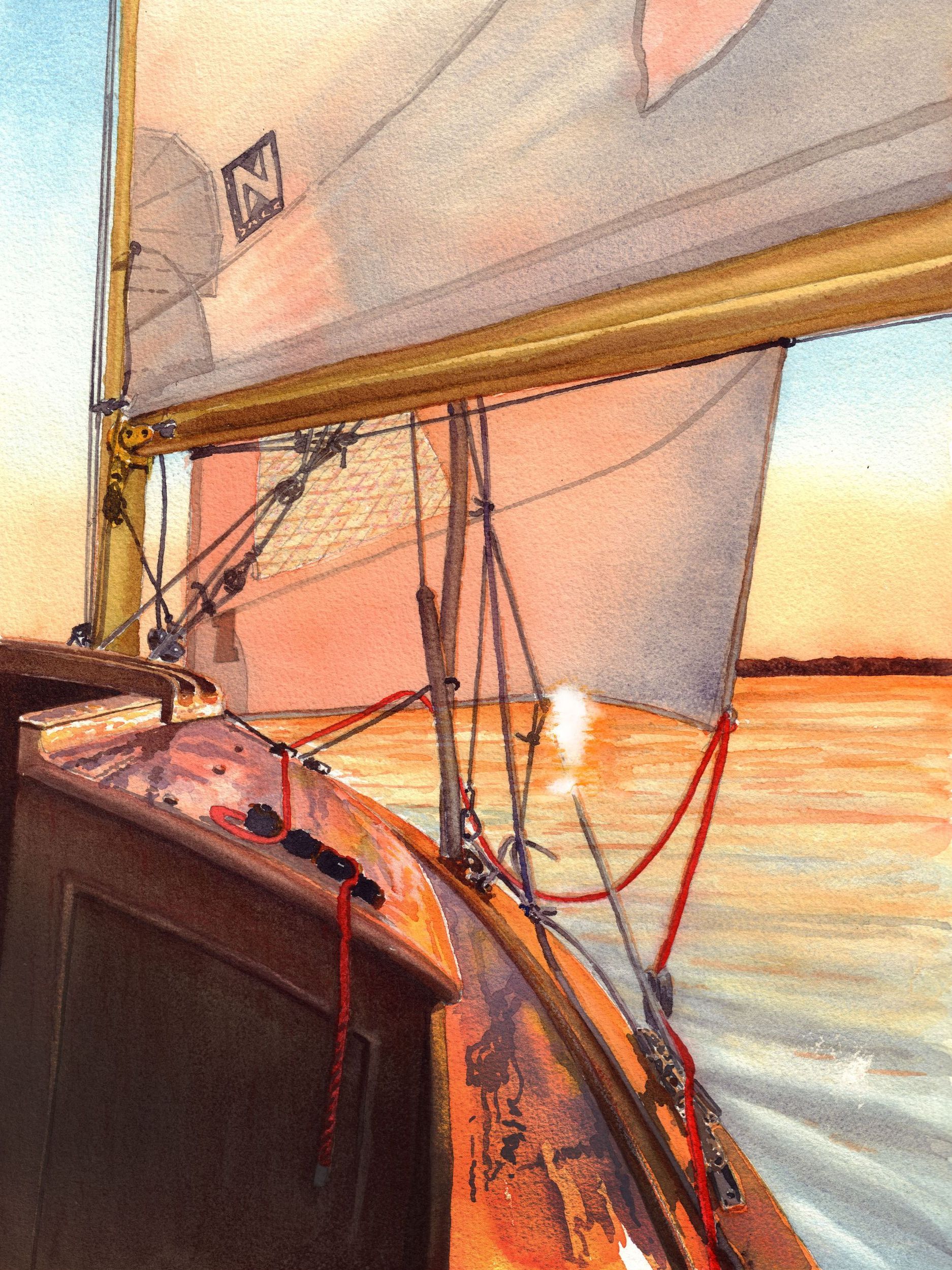 A water color painting of a sailboat in beautiful evening sunset