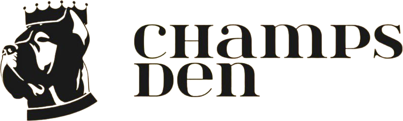 A black and white logo for champs den