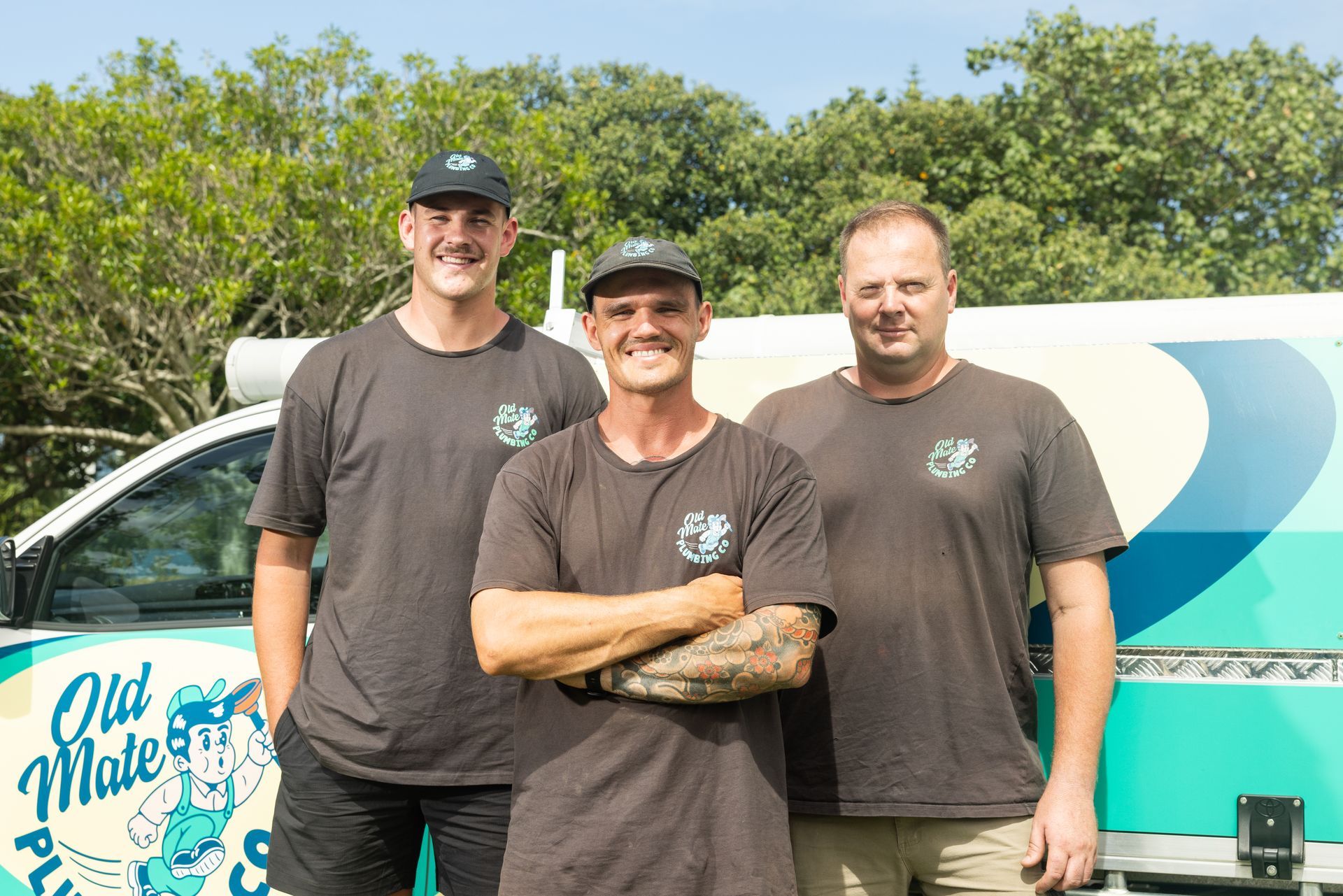 3 Men Standing In Front Of Work Ute — Old Mate Plumbing Co in Hollywell, QLD
