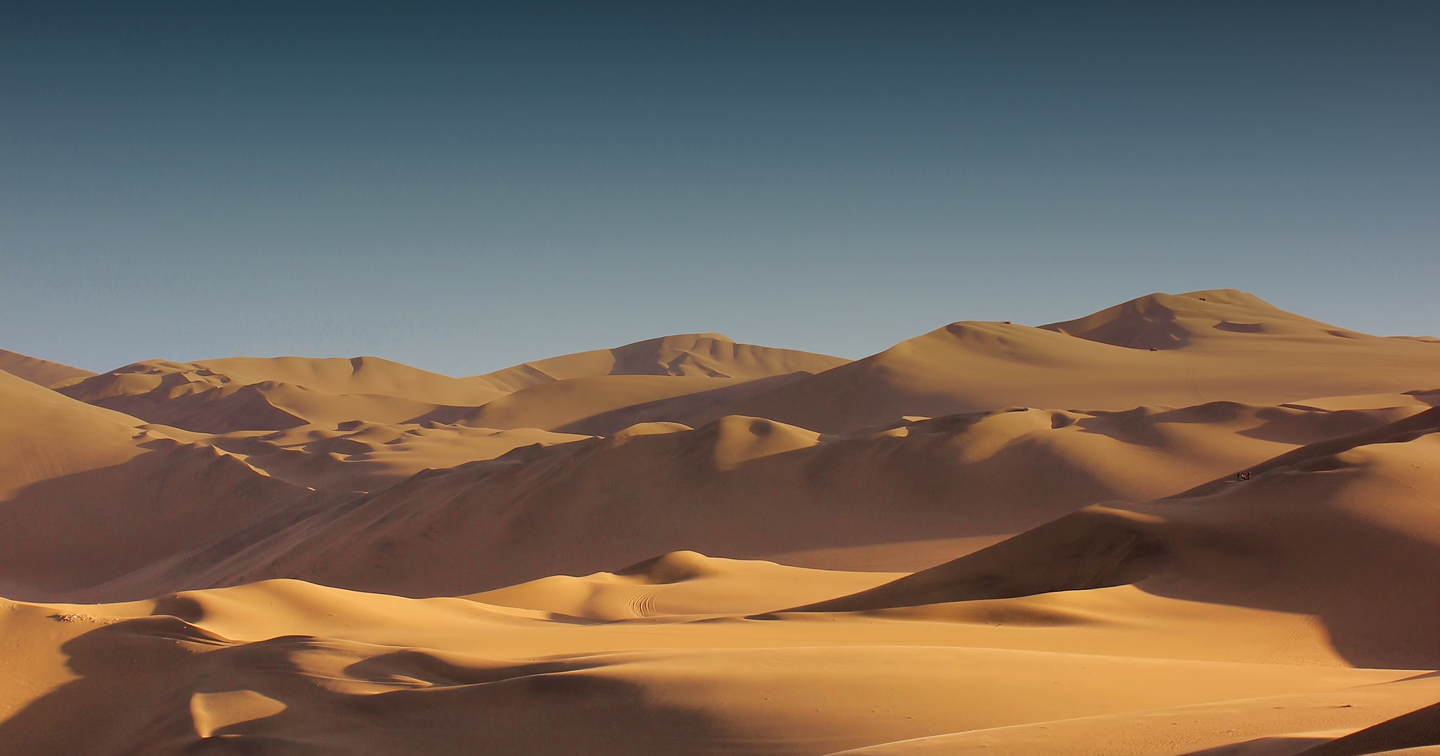 A desert landscape with mountains in the background and sand dunes in the foreground.