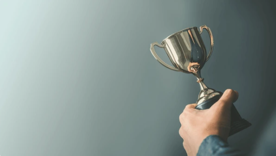 A person is holding a silver trophy in their hand.