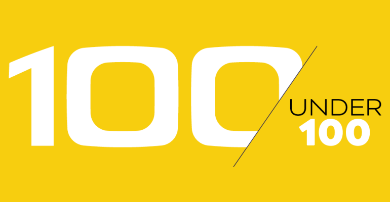 A yellow background with white letters that say 100 under 100