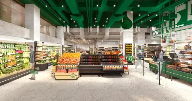 An artist 's impression of a grocery store with a green ceiling.