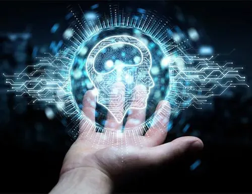 A hand is holding a digital image of a brain.